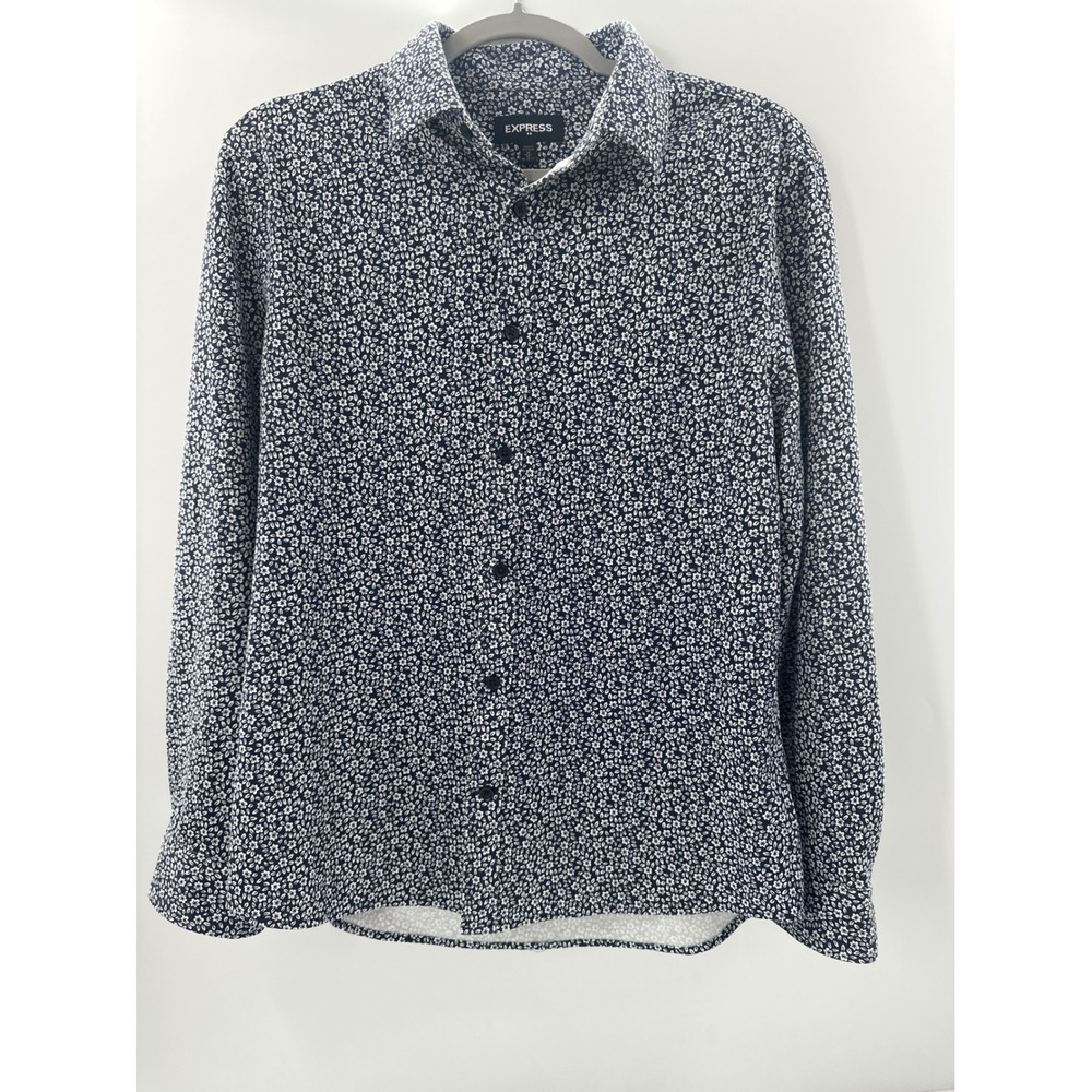 Express Mens Navy Blue White Floral Ditsy Print Long Sleeve Button Down Shirt M